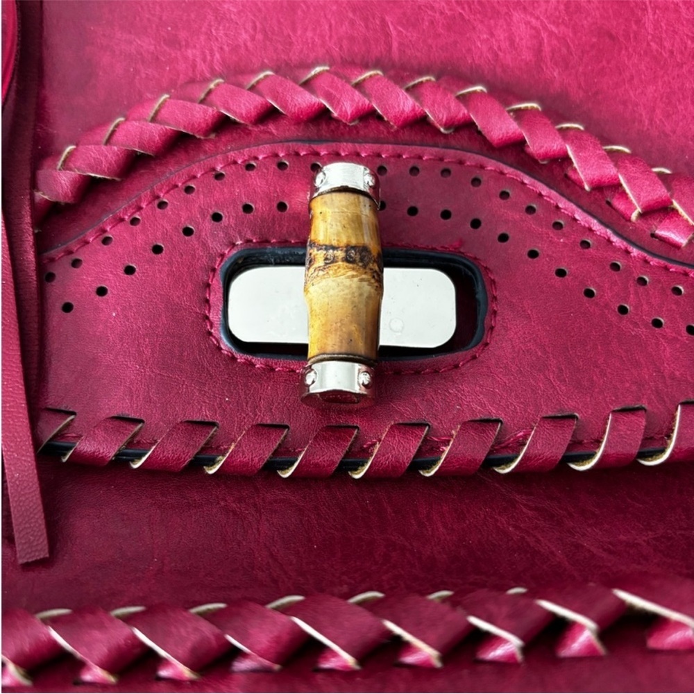 Elegant Red Vegan Leather Satchel with Tassels and Removable Shoulder Strap - Picture 4 of 9